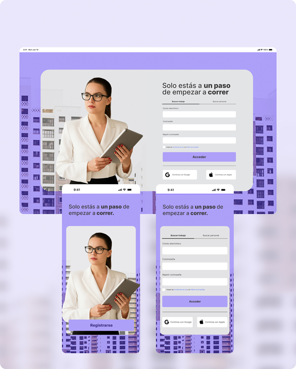 Mockup app de empleo: pantallas de acceso y registro